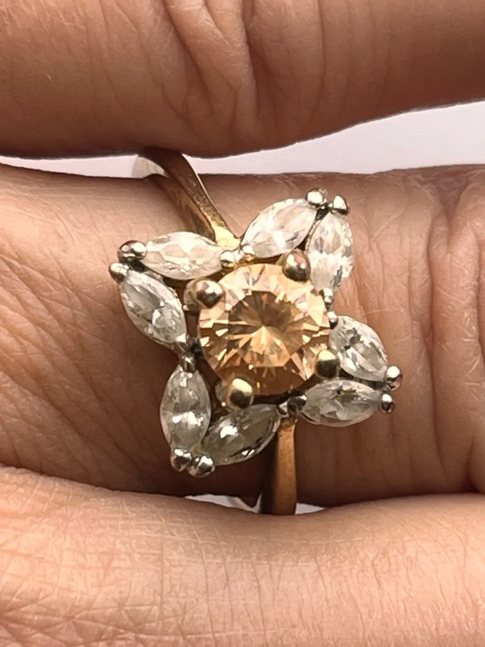 Vintage Gold Butterfly Ring with Peach Center Stone & Clear Accent Stones